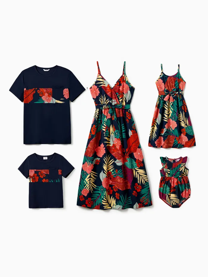 Family Matching Sets Floral Panel Black tee and V-neck Strap Dress with Hidden Snap 