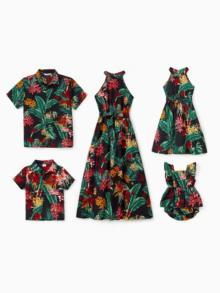 Family Matching Allover Plant Floral Print Halterneck Dresses and Short-sleeve Shirts Sets