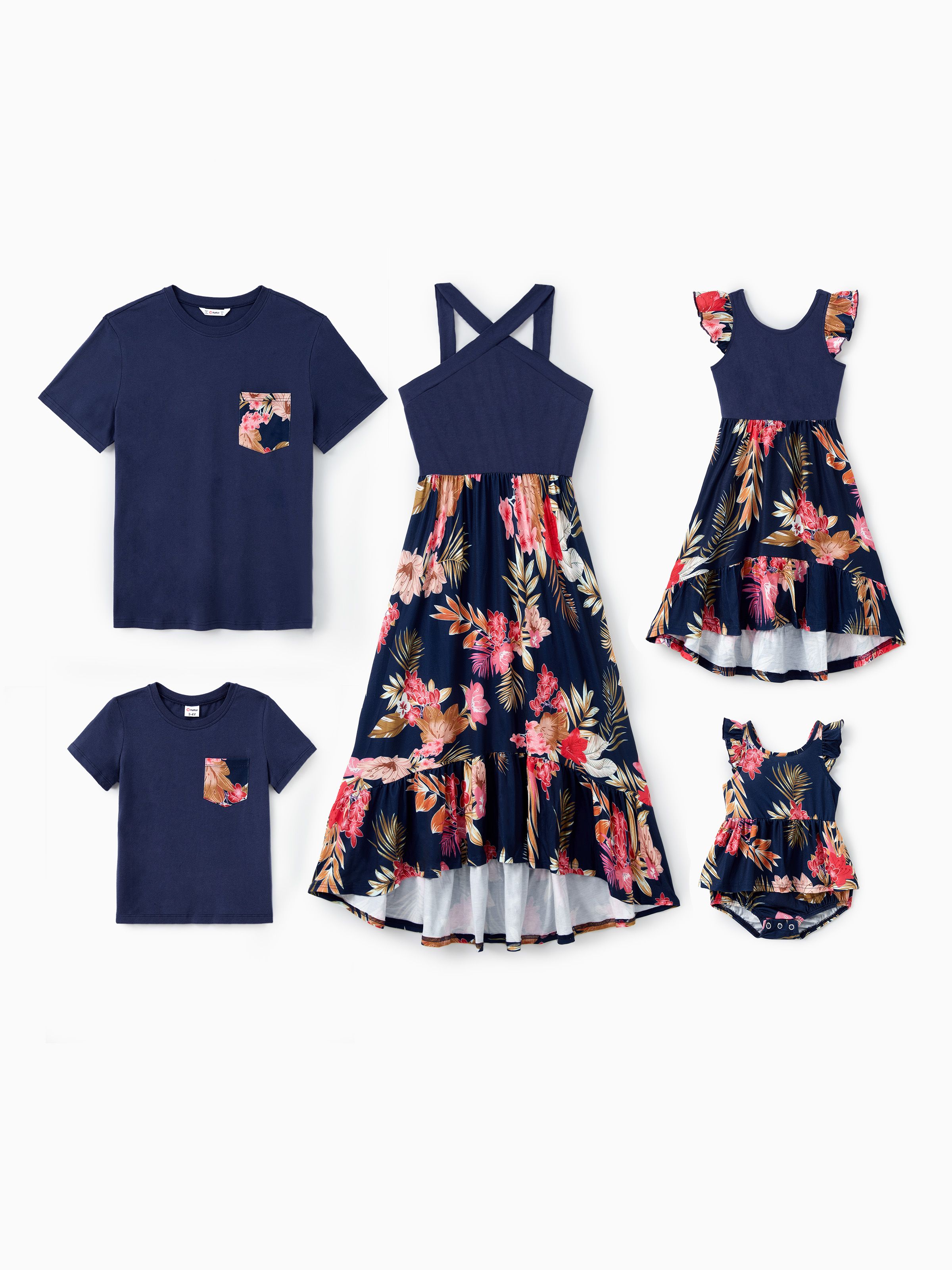 

Family Matching Sets Deep Blue Tee or Cross Strap Pink Floral High-Low Ruffle Hem Dress