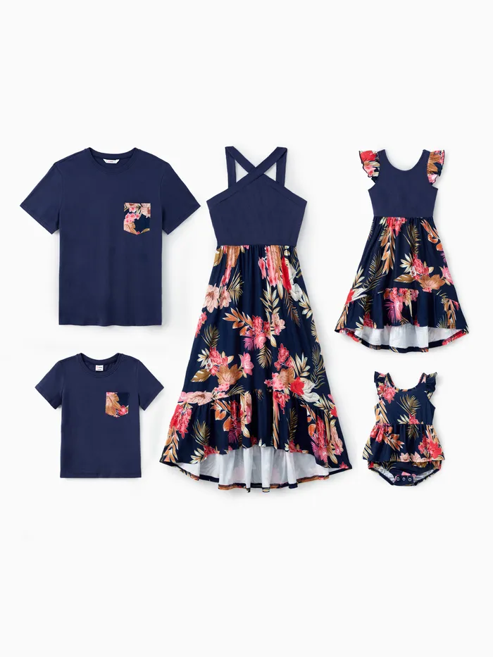 Family Matching Sets Deep Blue Tee or Cross Strap Pink Floral High-Low Ruffle Hem Dress