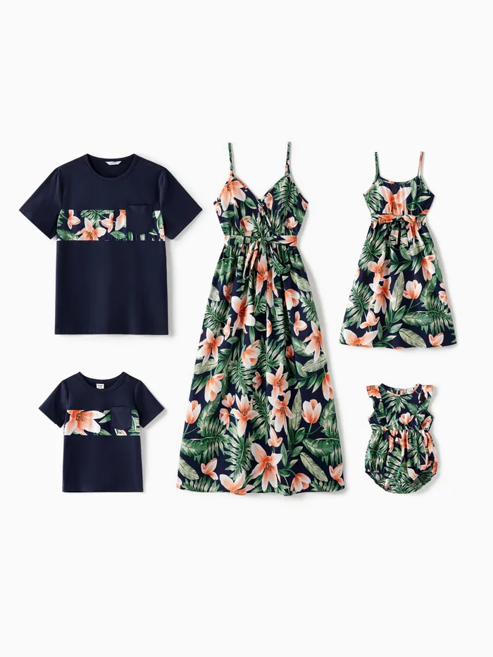 Family Matching Tropical Plant and Flower Print Vacation Outfits