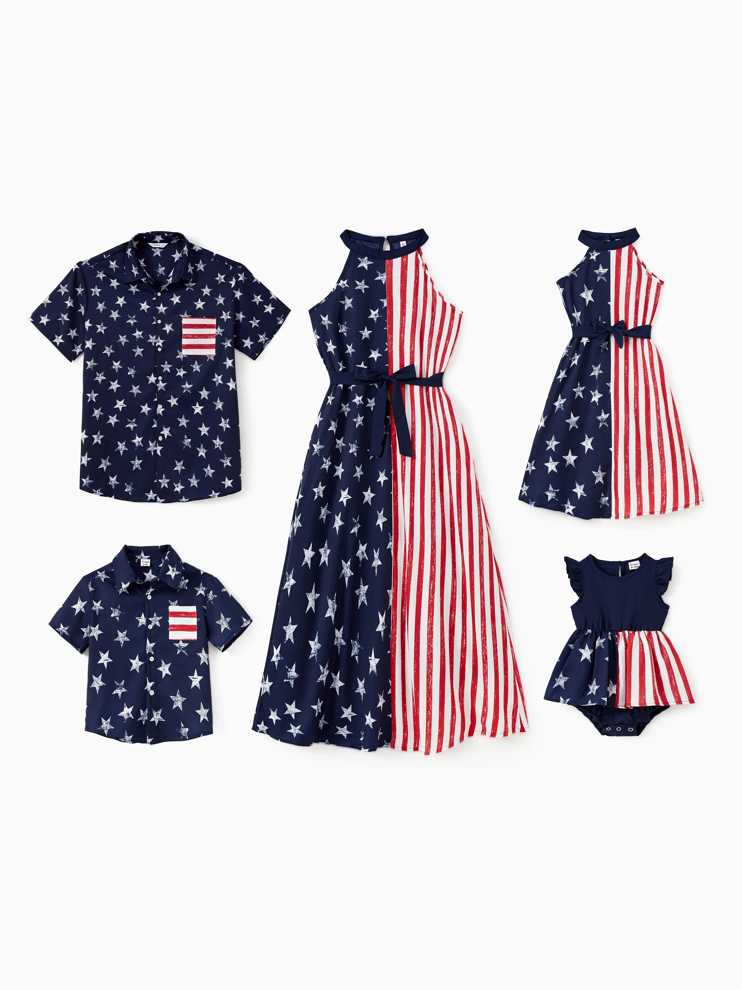 Independence Day Family Matching American Flag Print Shirt and High Neck Halter Sleeveless Belted Midi Dress Sets