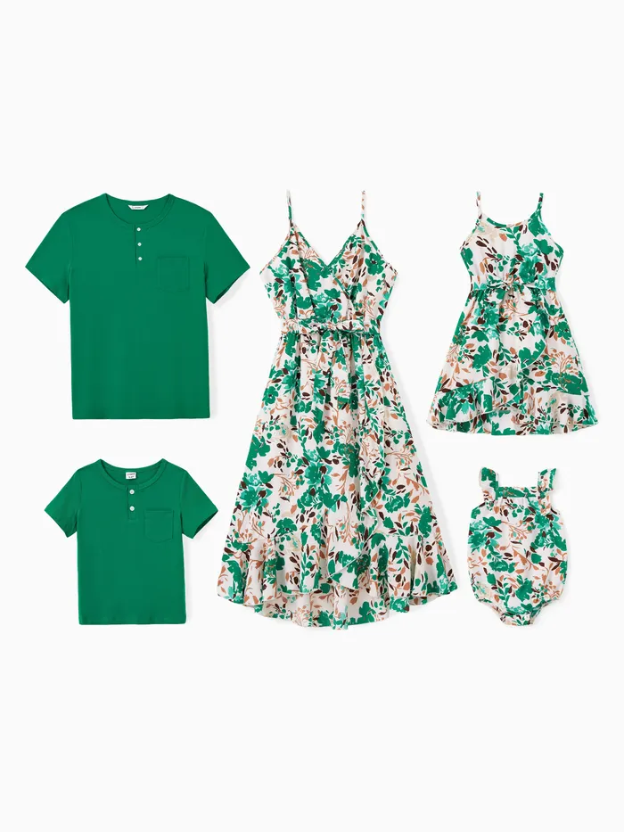 Family Matching Sets Green Solid Color Tee or Floral Pattern Wrap Bottom Strap Dress with Hidden Snap Button