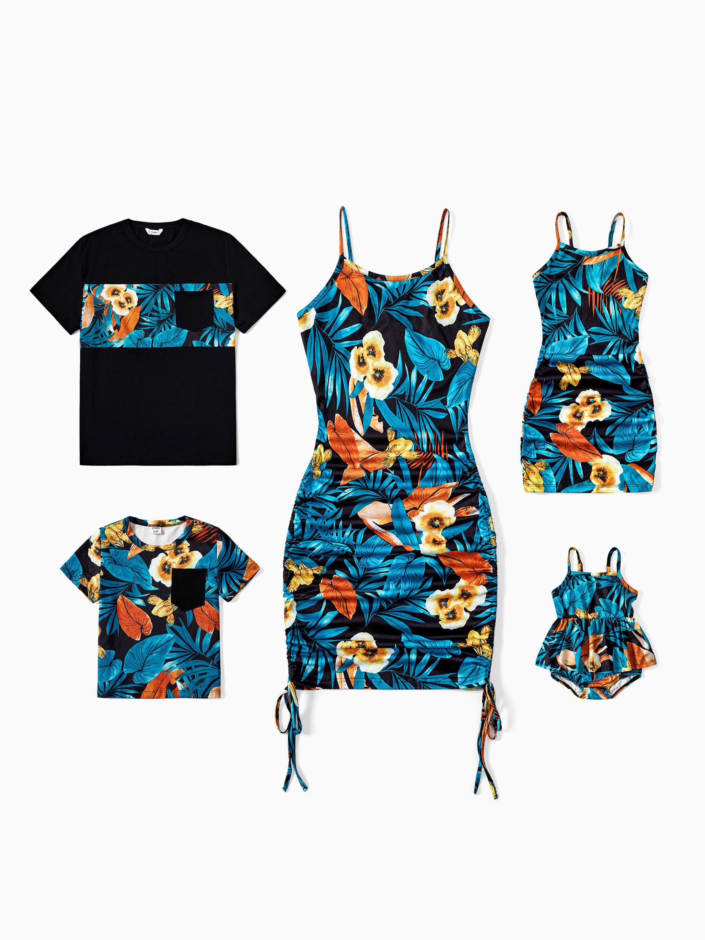 

Family Matching Floral Panel T-shirt and Floral Ruched Drawstring Side Strap Dress Sets