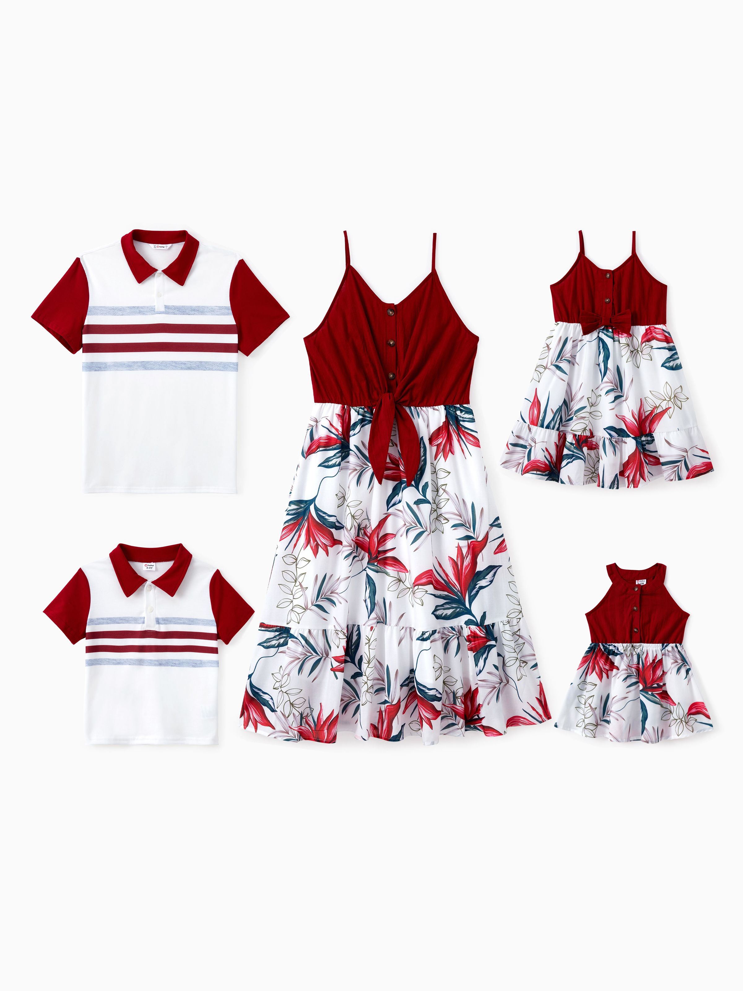 

Family Matching Sets Stripe Polo Shirt or Cami Top Spliced Floral Ruffle Hem Dress