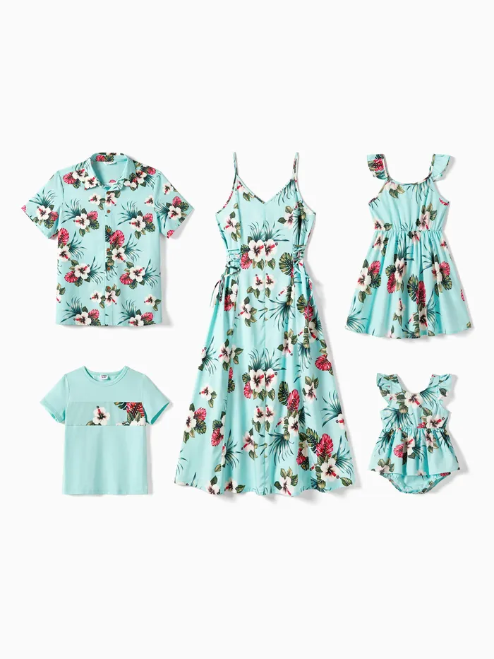 Family Summer Matching Outfits Drawstring Tropical Floral Casual Suits