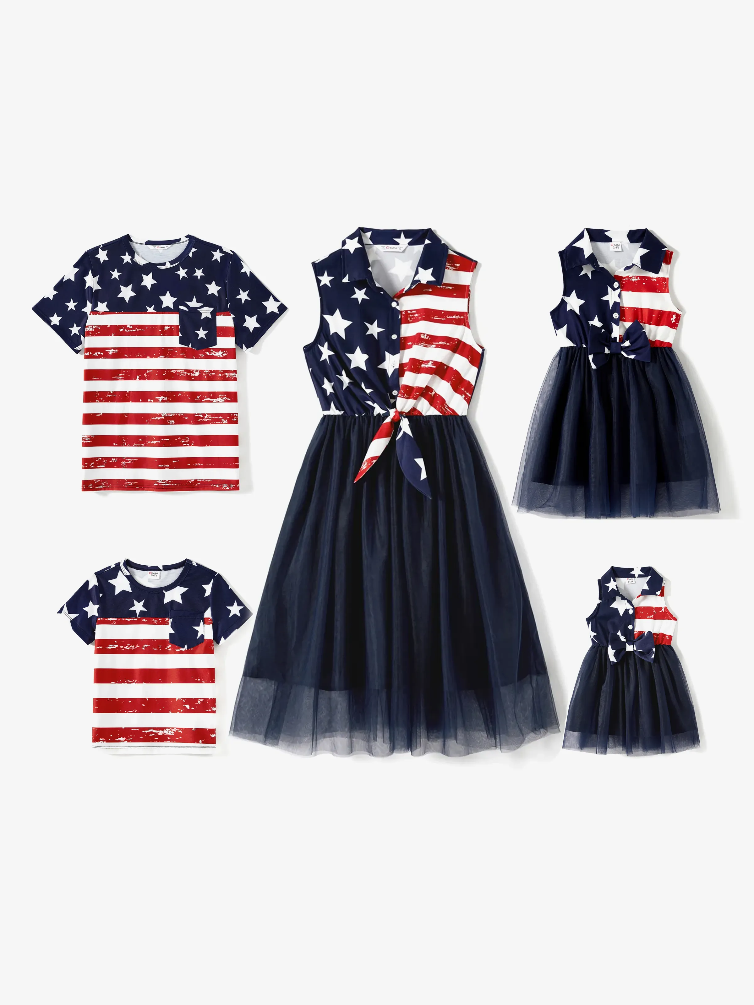 Independence Day Family Matching Stars & Striped Print Spliced Mesh Tank Dresses and Short-sleeve T-shirts Sets