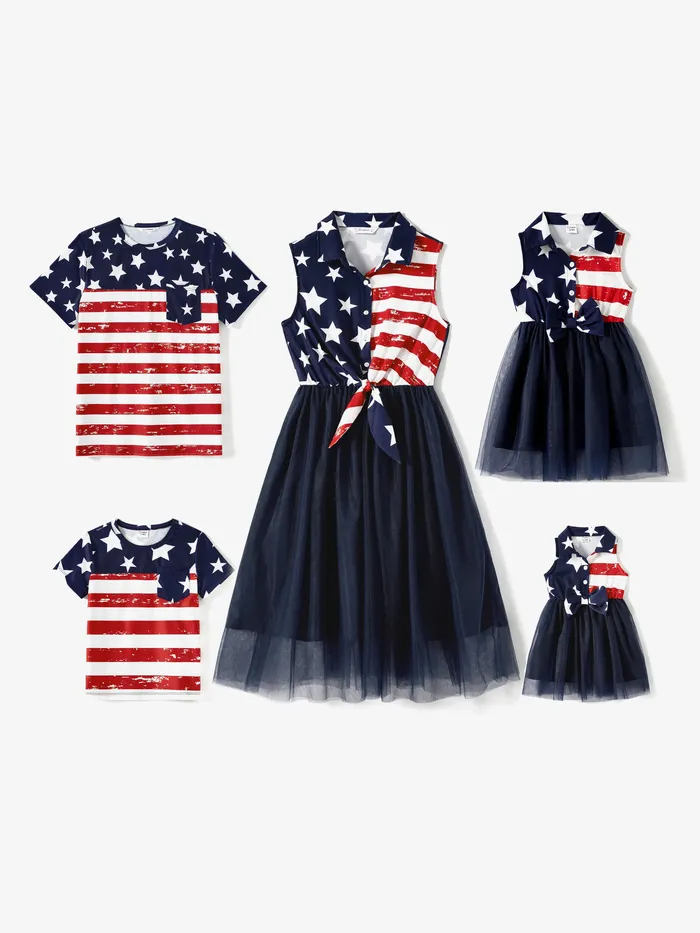 Independence Day Family Matching Stars & Striped Print Spliced Mesh Tank Dresses and Short-sleeve T-shirts Sets
