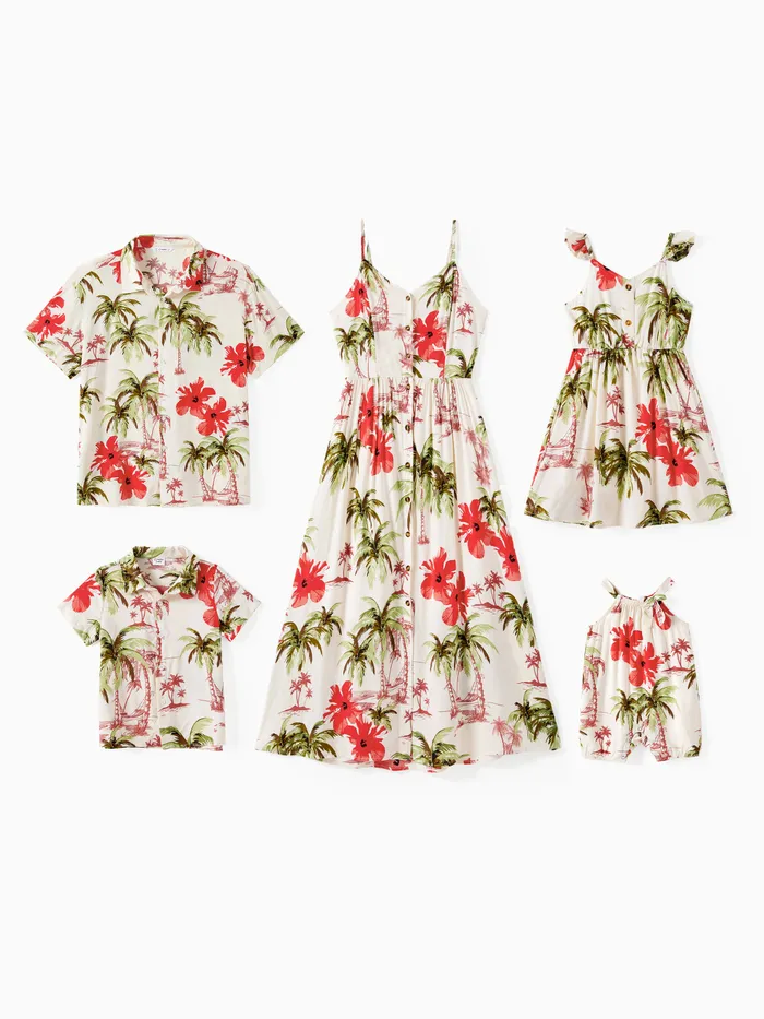 Conjuntos de camisa de playa floral tropical a juego familiar y vestido midi con correa de botón