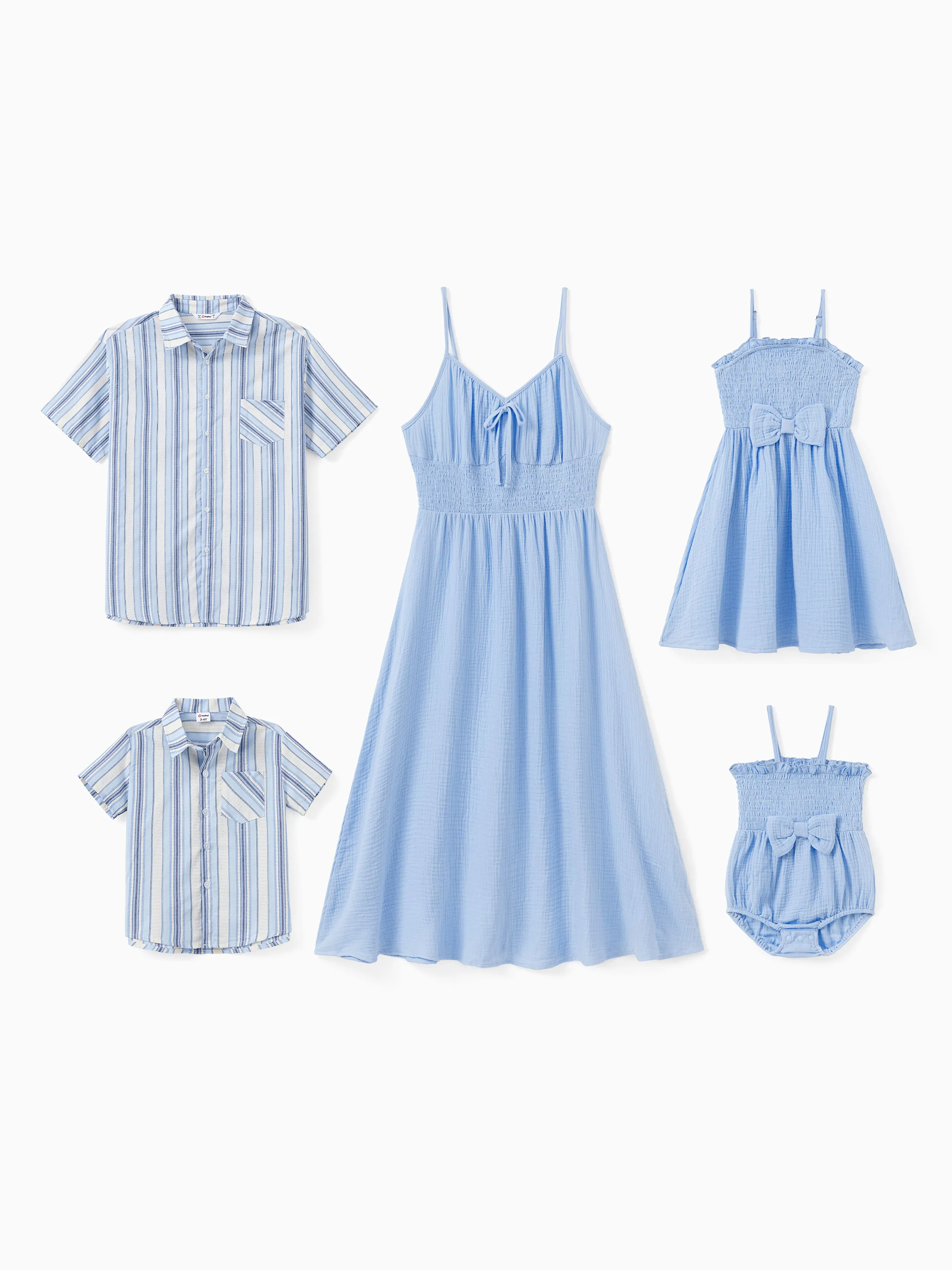 

Family Matching Vertical Stripe Shirt and Ruched Bust Shirred Waist Cotton Blue Strap Dress Sets