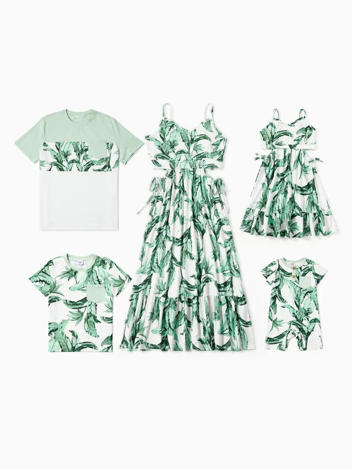 Camiseta de bloques de color a juego de la familia y patrones de hojas verdes con cordón recortado con correa en la cintura conjuntos de vestidos
