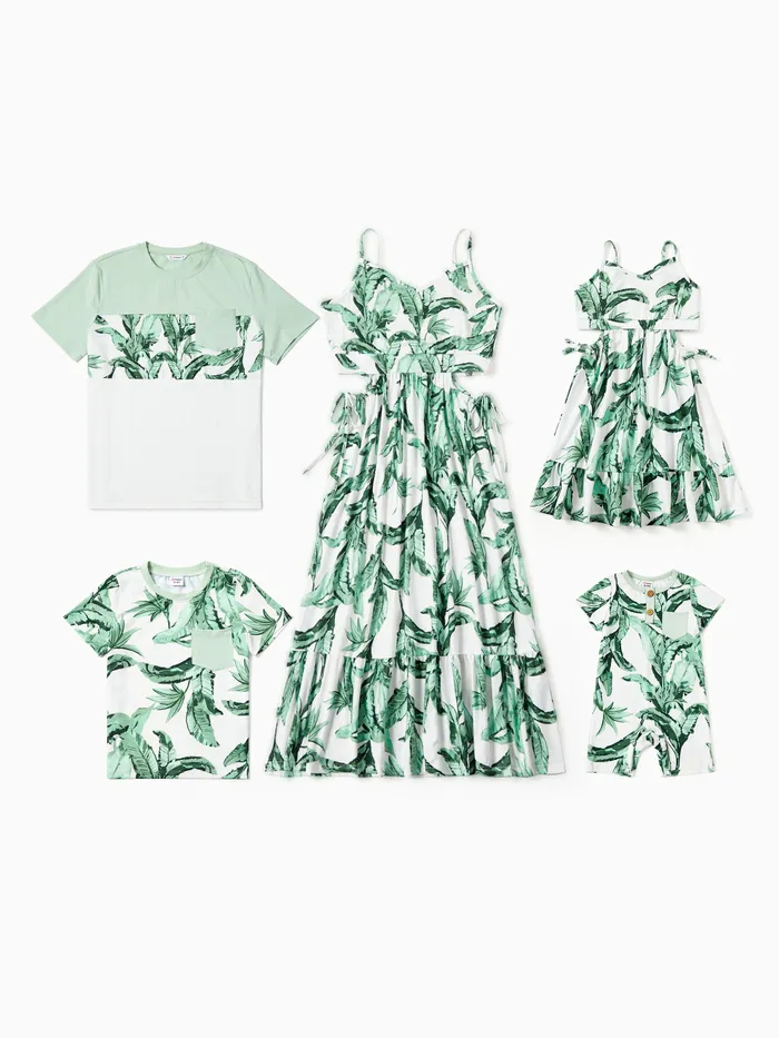 Family Matching Color Block Tee and Green Leaf Pattern Cut Out Drawstring Waist Strap Dress Sets