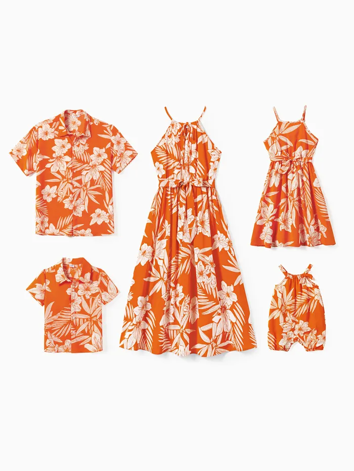 Conjuntos familiares de camisa de playa naranja a juego y vestido de tirantes florales