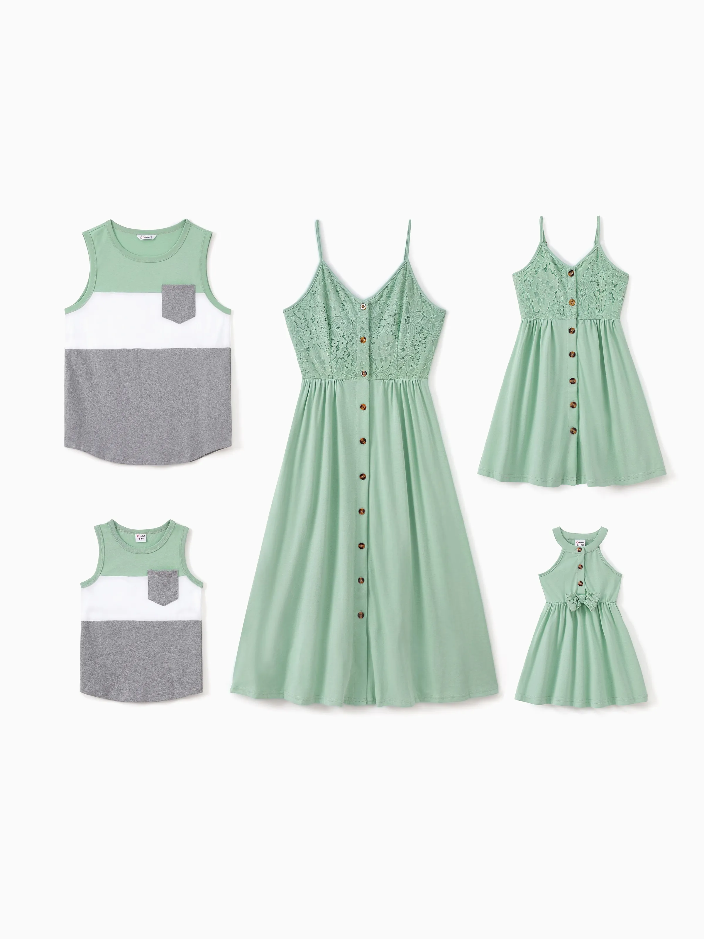 Family Matching Color Block Tank Top and Green Button up Lace Top Strap Dress Sets