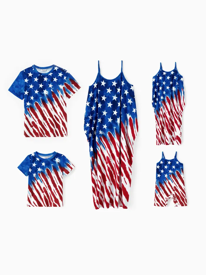 獨立日家庭配套套裝美國國旗印花 T 恤和可調節肩帶中長連衣裙帶口袋