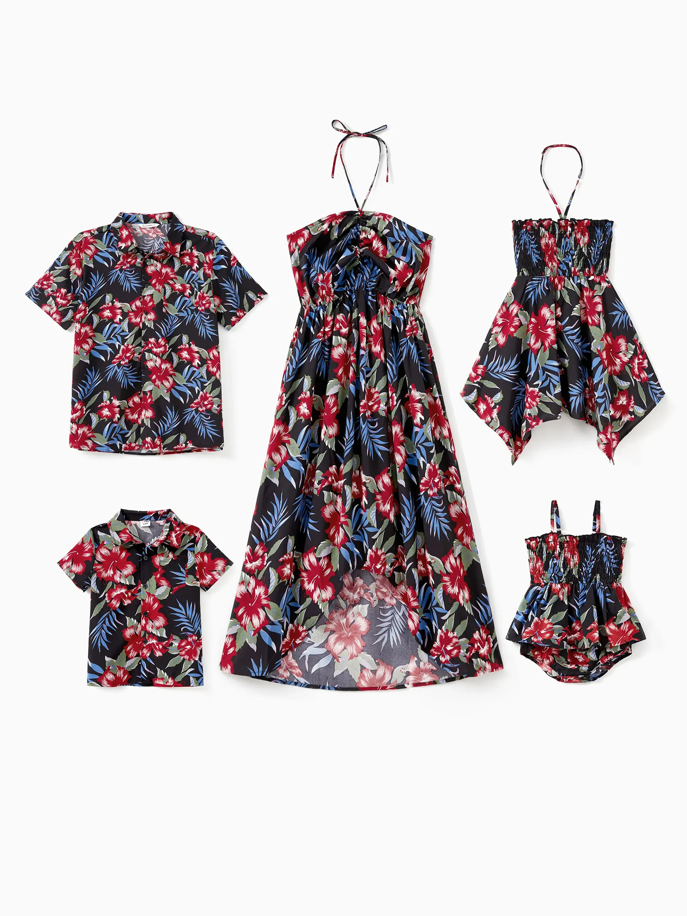 

Family Matching Floral Beach Shirt and Drawstring Front Shirred Back Halter Neck High-Low Dress Sets