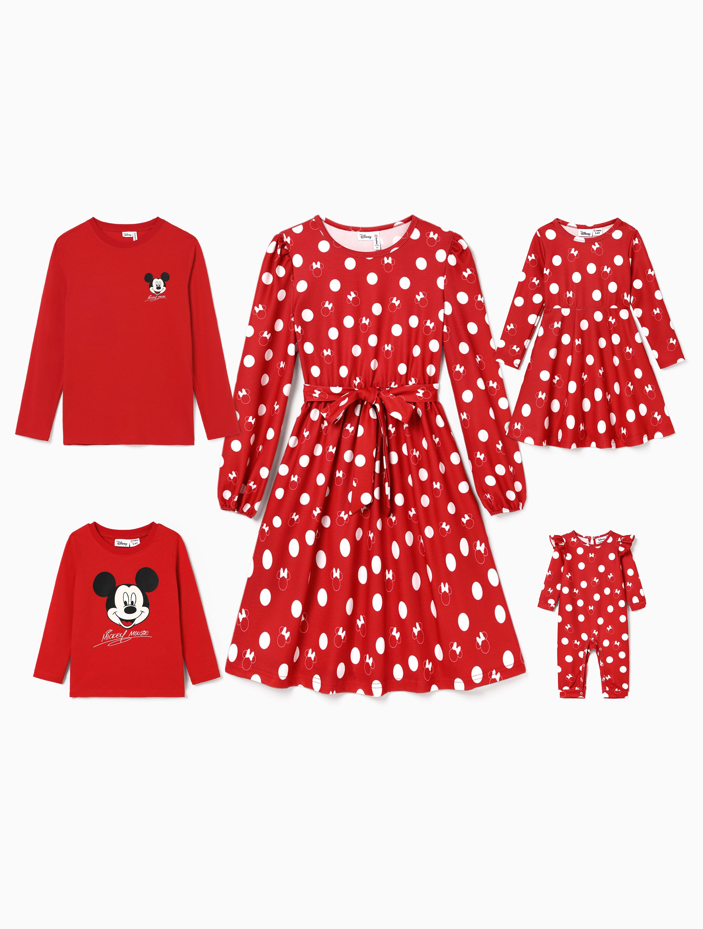 

Disney Mickey and Friends Family Matching Character Print Polka Dots Long-sleeve Red Dress or Cotton Top
