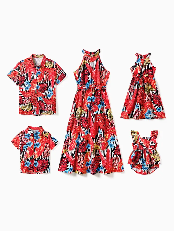 Family Matching Red Leaf Print Zebra Stripe Beach Shirt and High Neck Halter Belted Dress Sets