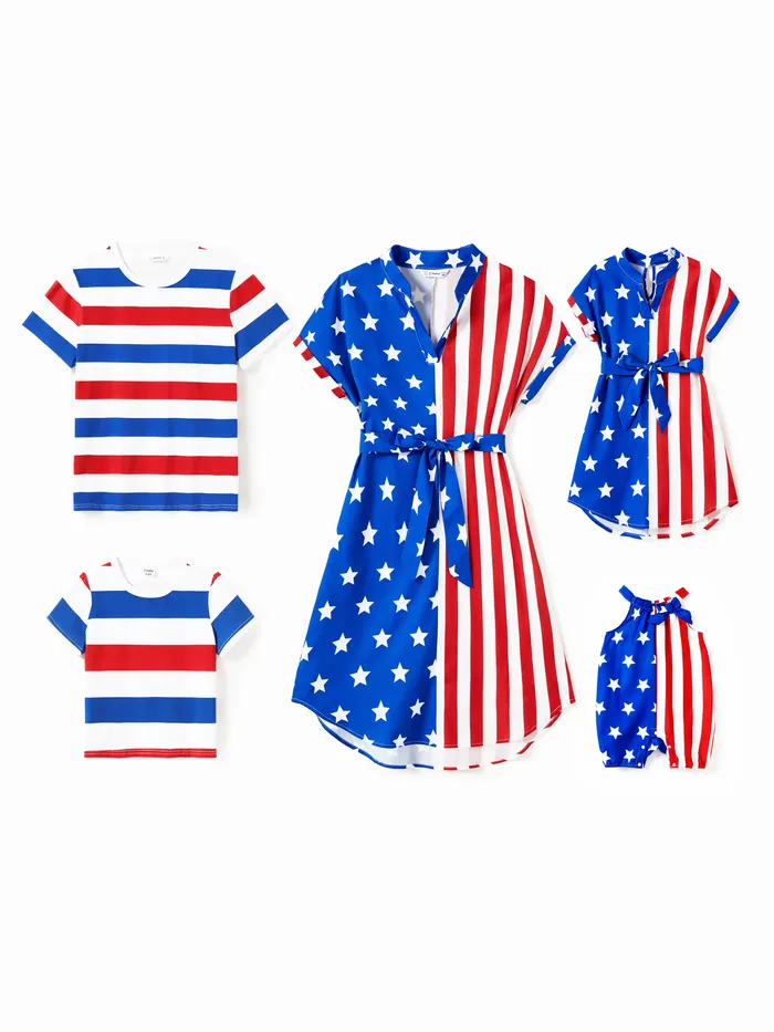 Independence Day Family Matching Three Colors Stripe T-shirt and Notched Neck Belted Dress Sets