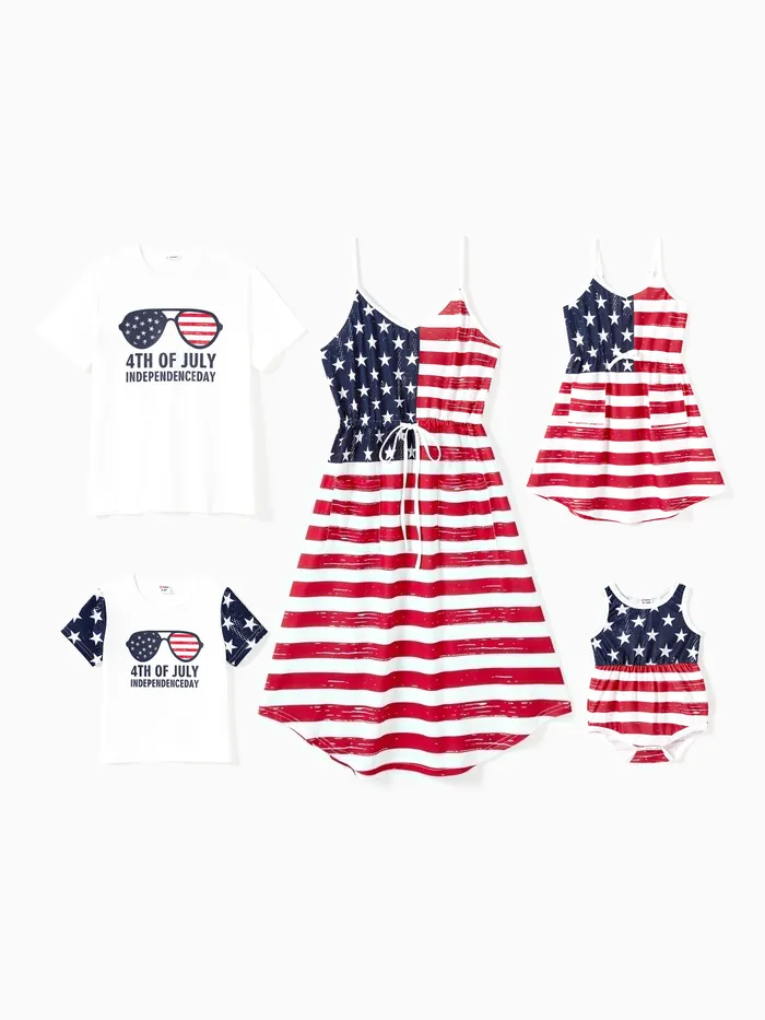 獨立日家庭配套套裝太陽鏡印花 T 恤和美國國旗印花抽繩腰部肩帶連衣裙帶口袋