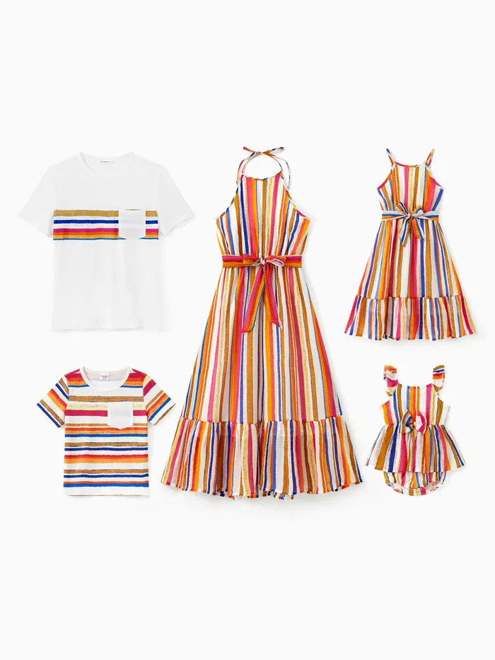 Family Matching Sets Colorful Vertical Stripe Tee or Ruffle Hemline Belted Halter Dress