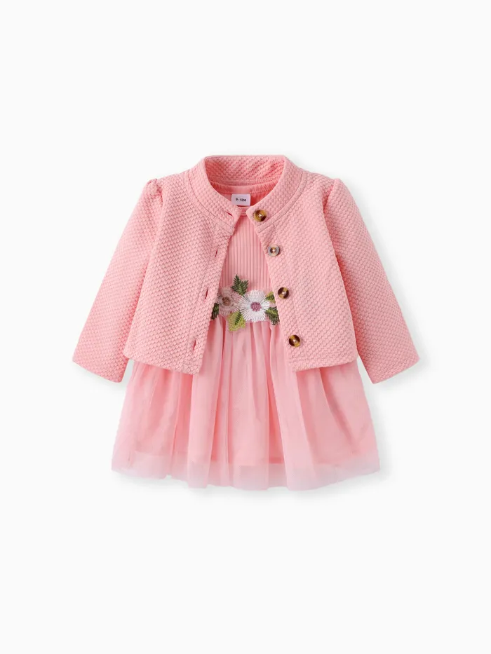 2pcs Baby Girl Buttons Front Gaufre Manteau à manches longues et motif floral Mesh Ensemble de robe sans manches
