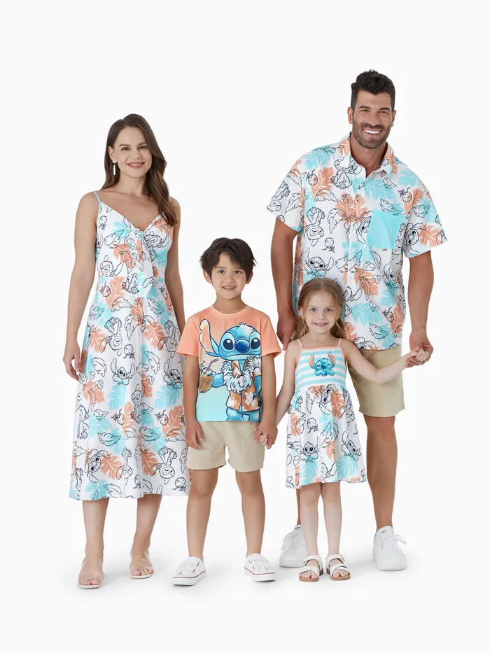 Disney Stitch Family Matching 熱帶花卉漸變印花 T 恤/袖子連衣裙