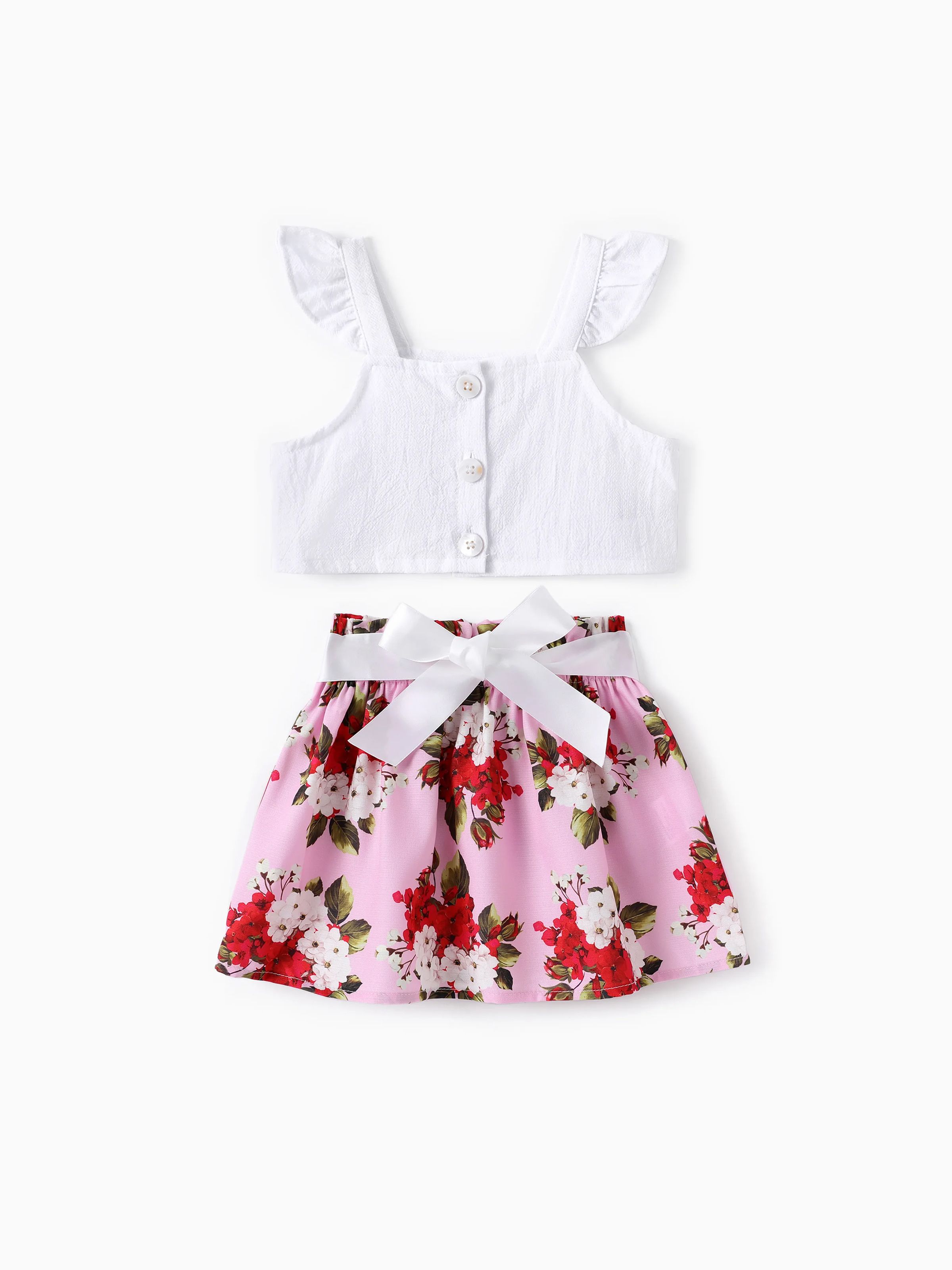 

Baby Girl 2pcs Sweet Flutter-sleeve Crop Top and Floral Print Skirt Set