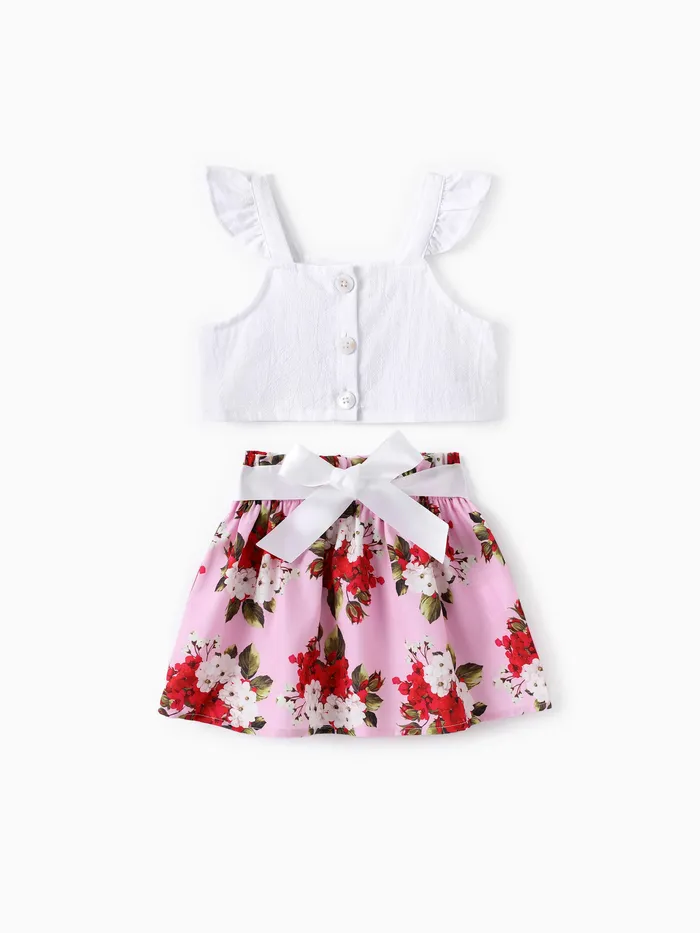 Baby Girl 2pcs Sweet Flutter-sleeve Crop Top and Floral Print Skirt Set