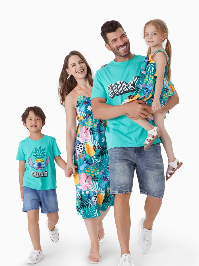 Disney Stitch Family A Juego De Flores Tropicales Y Plantas Estilo Hawai Vestido Sin Mangas / Camiseta De Algodón