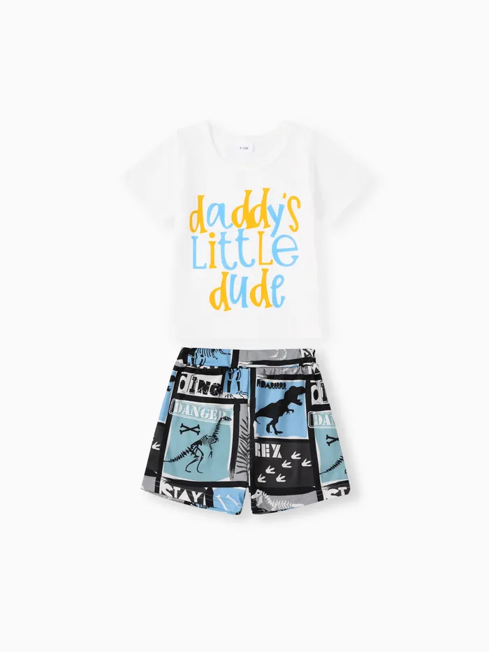 2pcs Baby Boy Letter Print Short-sleeve T-shirt and Dinosaur Print Shorts Set