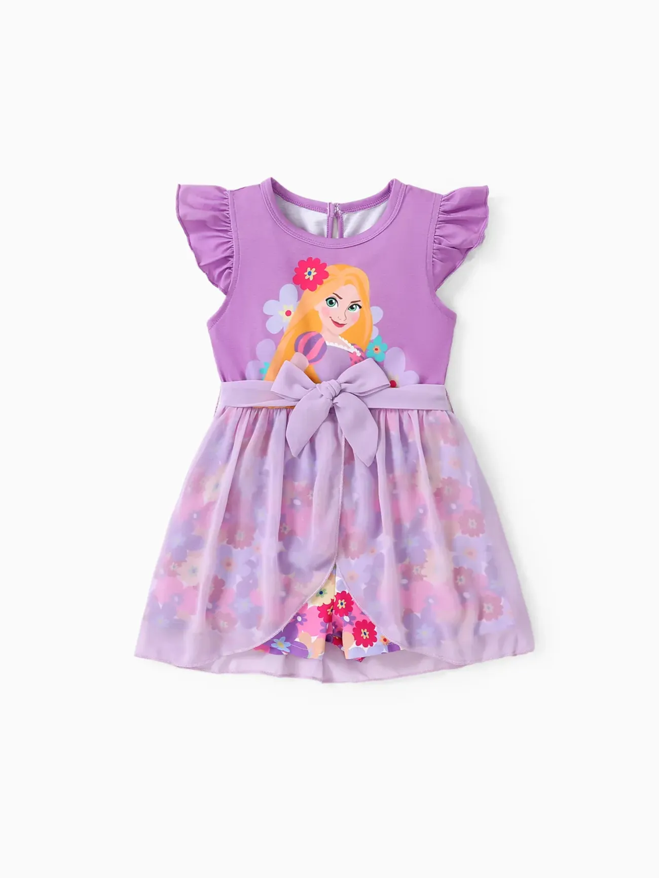 

Disney Princess Ariel/Jasmine/Rapunzel/Moana 1 pc Toddler Girl Character Print Bowknot Mesh Ruffled Romper