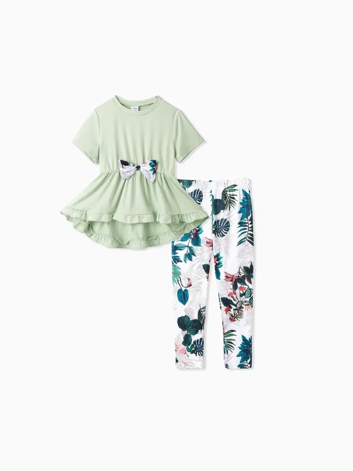 2 件兒童女孩蝴蝶結前裝飾上衣和植物花卉褲套裝