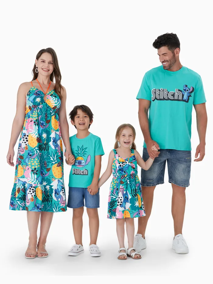 Disney Stitch Family Matching 熱帶花卉和植物夏威夷風格無袖掛脖連衣裙/棉質 T 恤