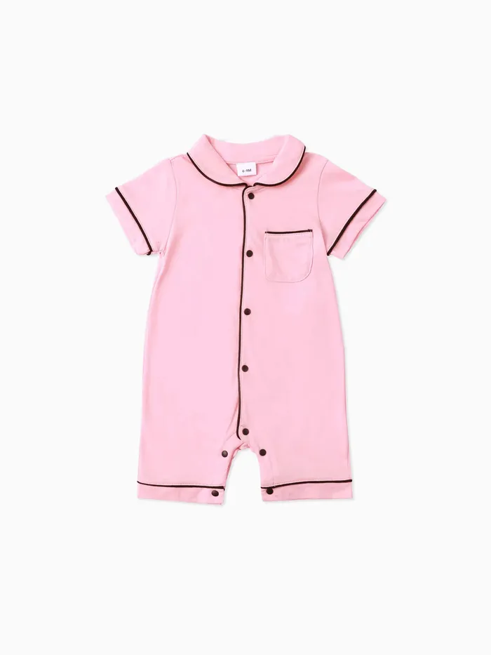 Bebê menina / menino sólido algodão color-block mangas curtas macacão de lapela