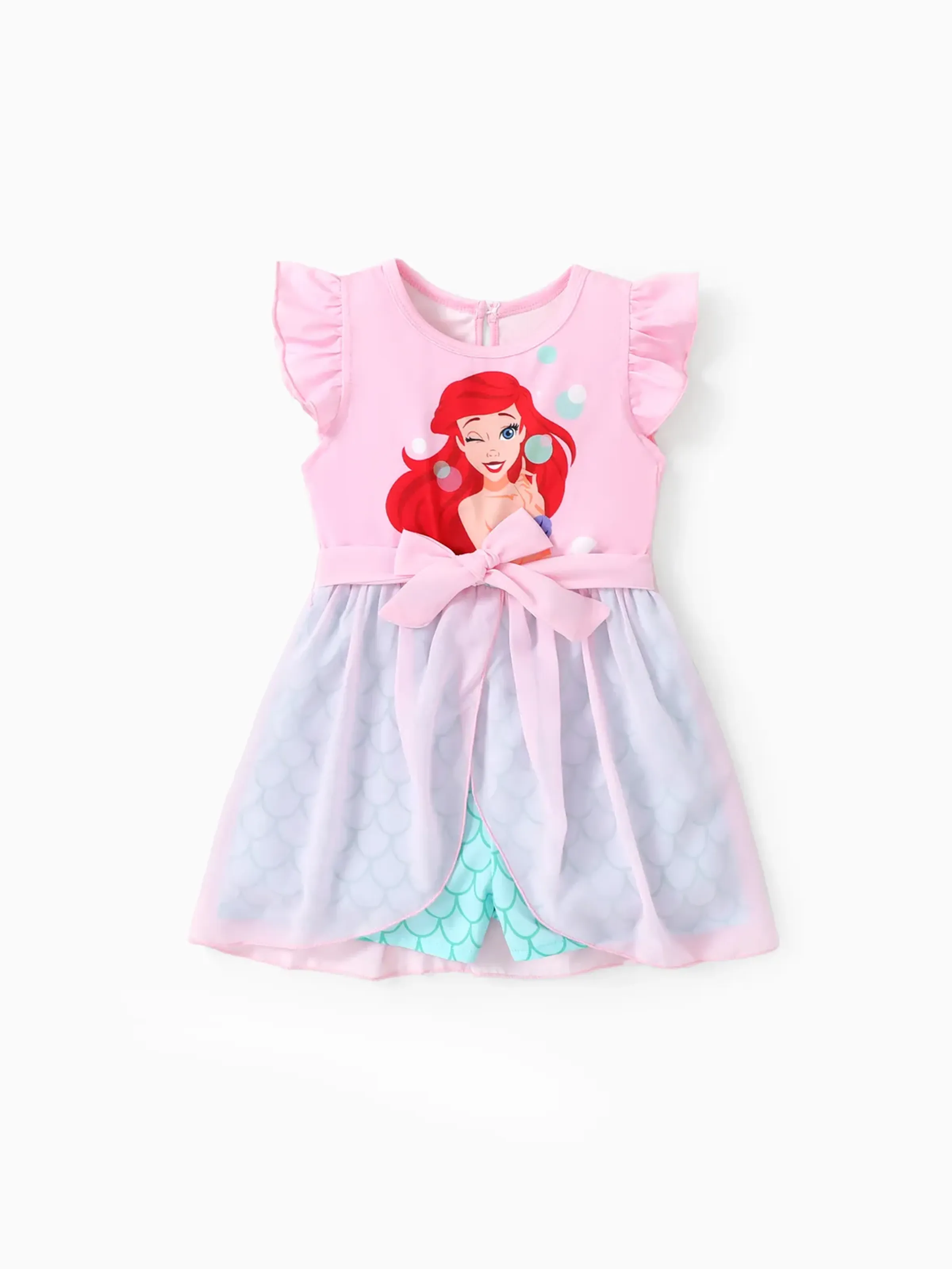 

Disney Princess Ariel/Jasmine/Rapunzel/Moana 1 pc Toddler Girl Character Print Bowknot Mesh Ruffled Romper