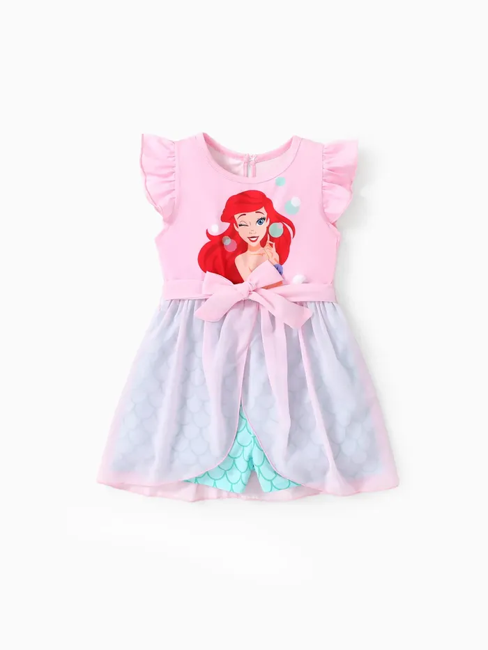 Disney Prinzessin Arielle/Jasmin/Rapunzel/Vaiana 1 Stück Kleinkindmädchen Charakterdruck Bowknot Mesh Rüschenstrampler