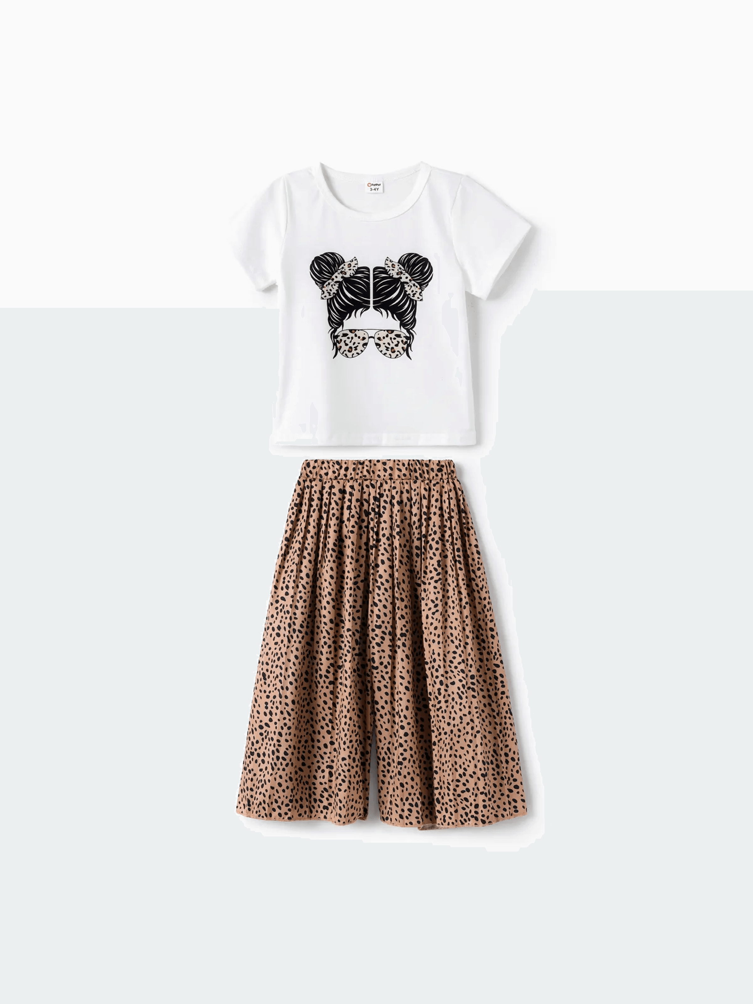 

Girl's 2pcs Avant-garde Character T-Shirt and Wide Leg Pant Set with Pleat, White Print