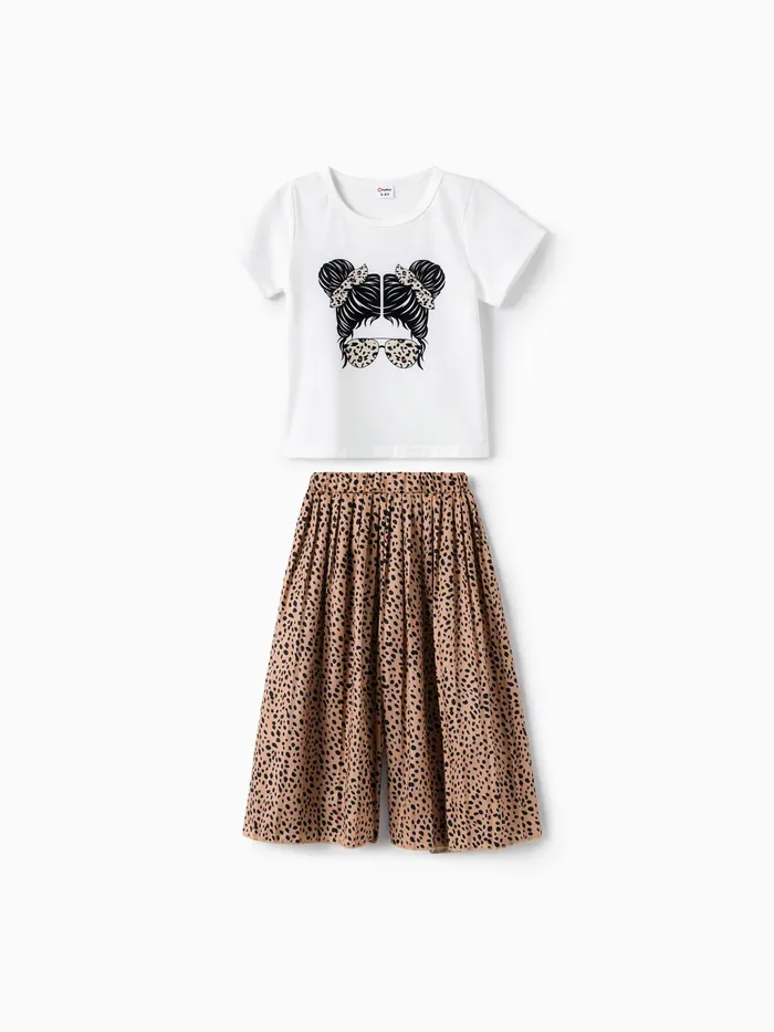 Girl's 2pcs Avant-garde Character T-Shirt and Wide Leg Pant Set with Pleat, White Print