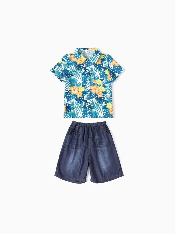 Kid Boy 2pcs Camiseta Con Estampado De Plantas Tropicales Y Conjunto De Pantalones Cortos De Mezclilla Refrescante