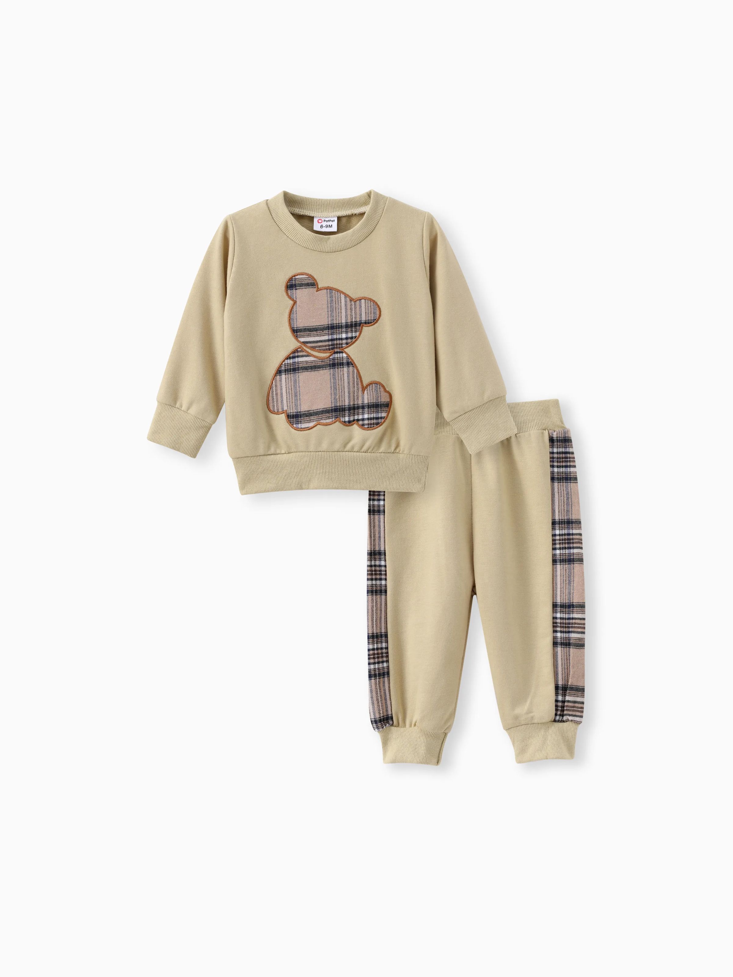 

2pcs Baby Boy/Girl Long-sleeve Plaid Print Bear Embroidered Sweatshirt and Sweatpants Set