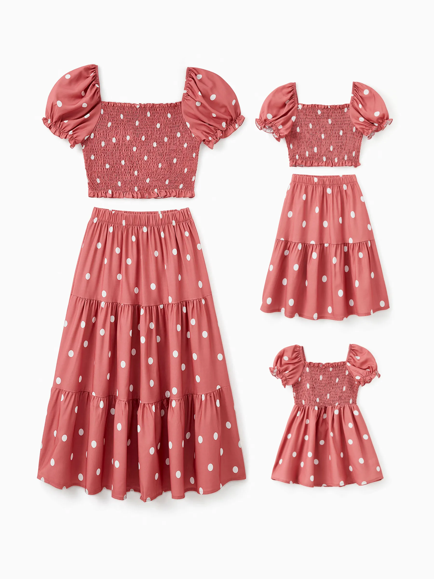 

Mommy and Me Matching Polka Dot Shirred Top and A-Line Tiered Skirt Co-ord Sets