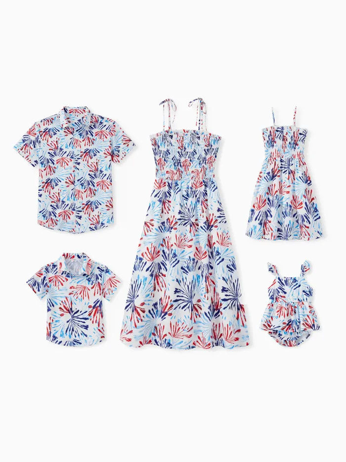 Conjuntos de camisa de playa floral a juego con la familia y vestido midi con correa de lazo fruncido