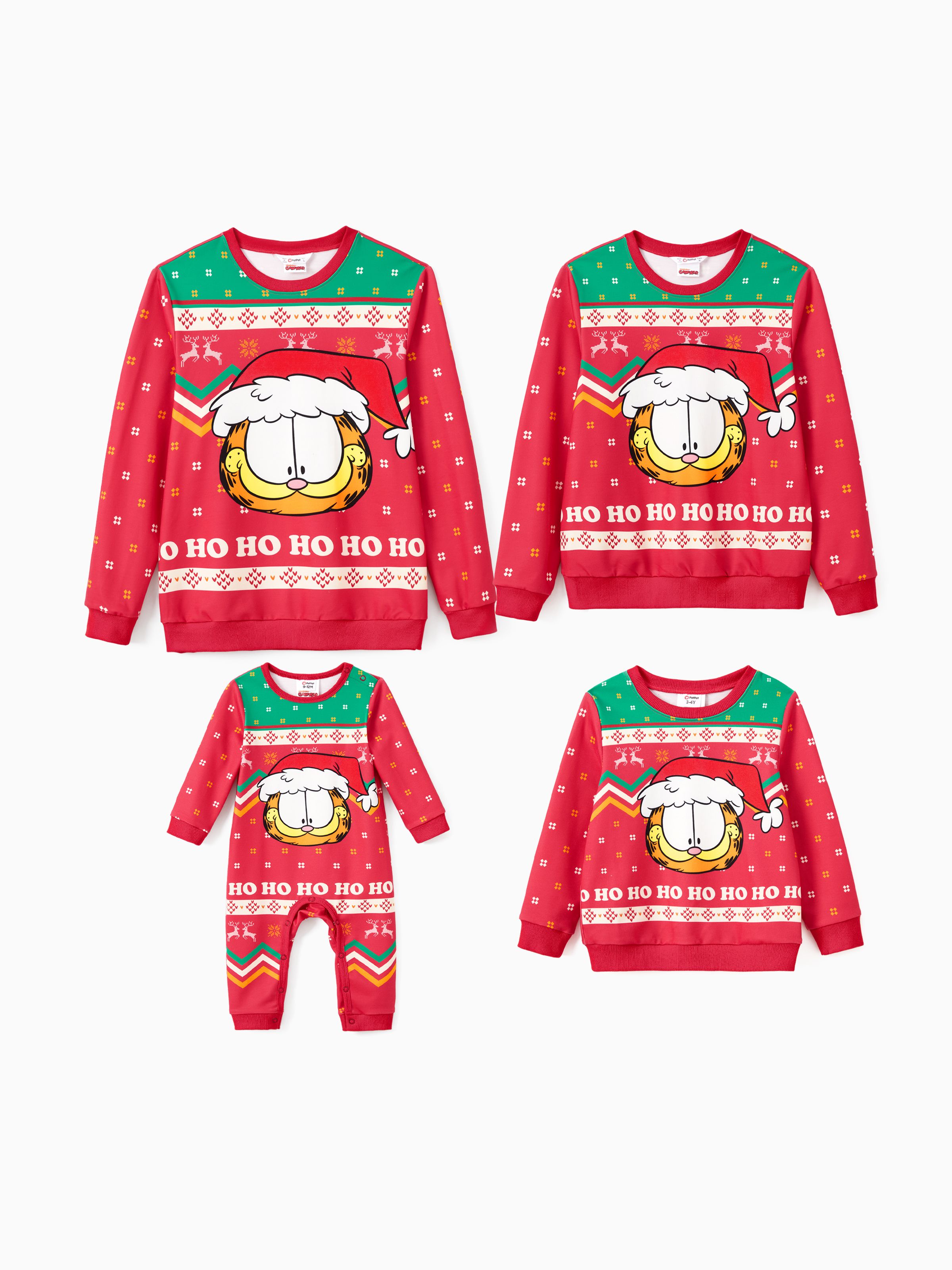 

Garfield Family matching Christmas Character With Santa Hat Print Long-sleeve Sweatshirt