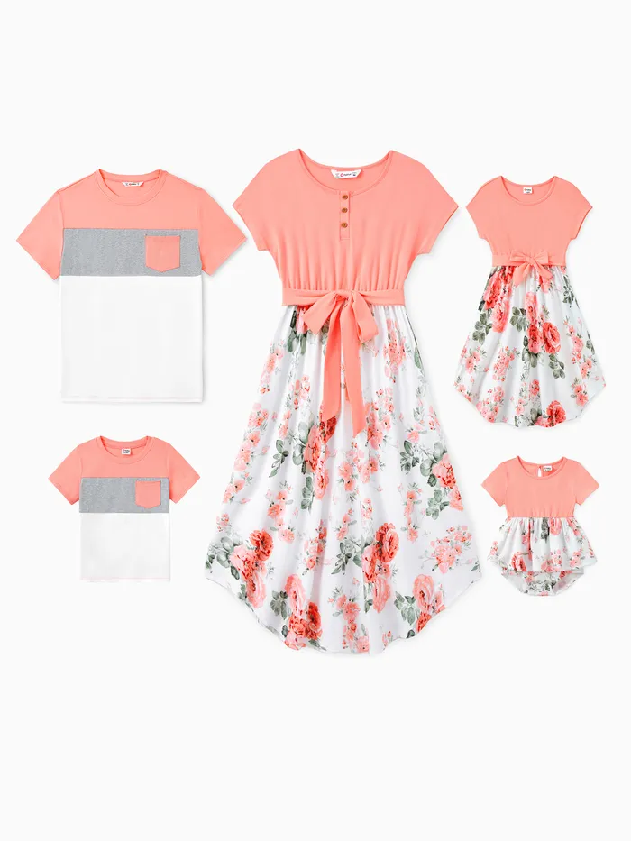 Conjuntos familiares a juego: vestidos florales empalmados de manga corta de color naranja rosado y camisetas de manga corta con bloques de color 