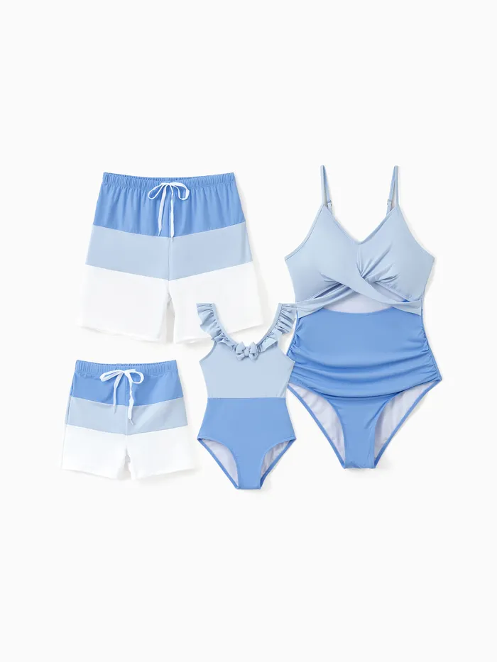 UPF50+ Family Matching Swimsuit Colorblock Drawstring Swim Trunks or Cross Front Cut out Ruched One-Piece Swimsuit (Sun-Protective)
