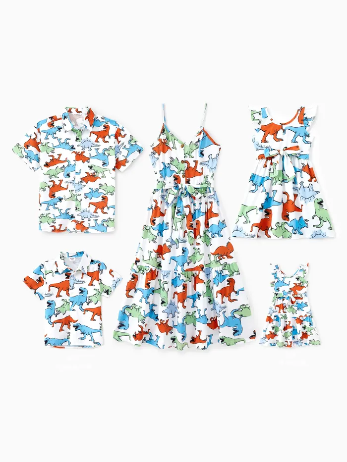 Familien-Matching-Sets Buntes Dinosaurier-Muster Hemd oder Knopf Dekor Elastische Taille Rüschensaum Kleid