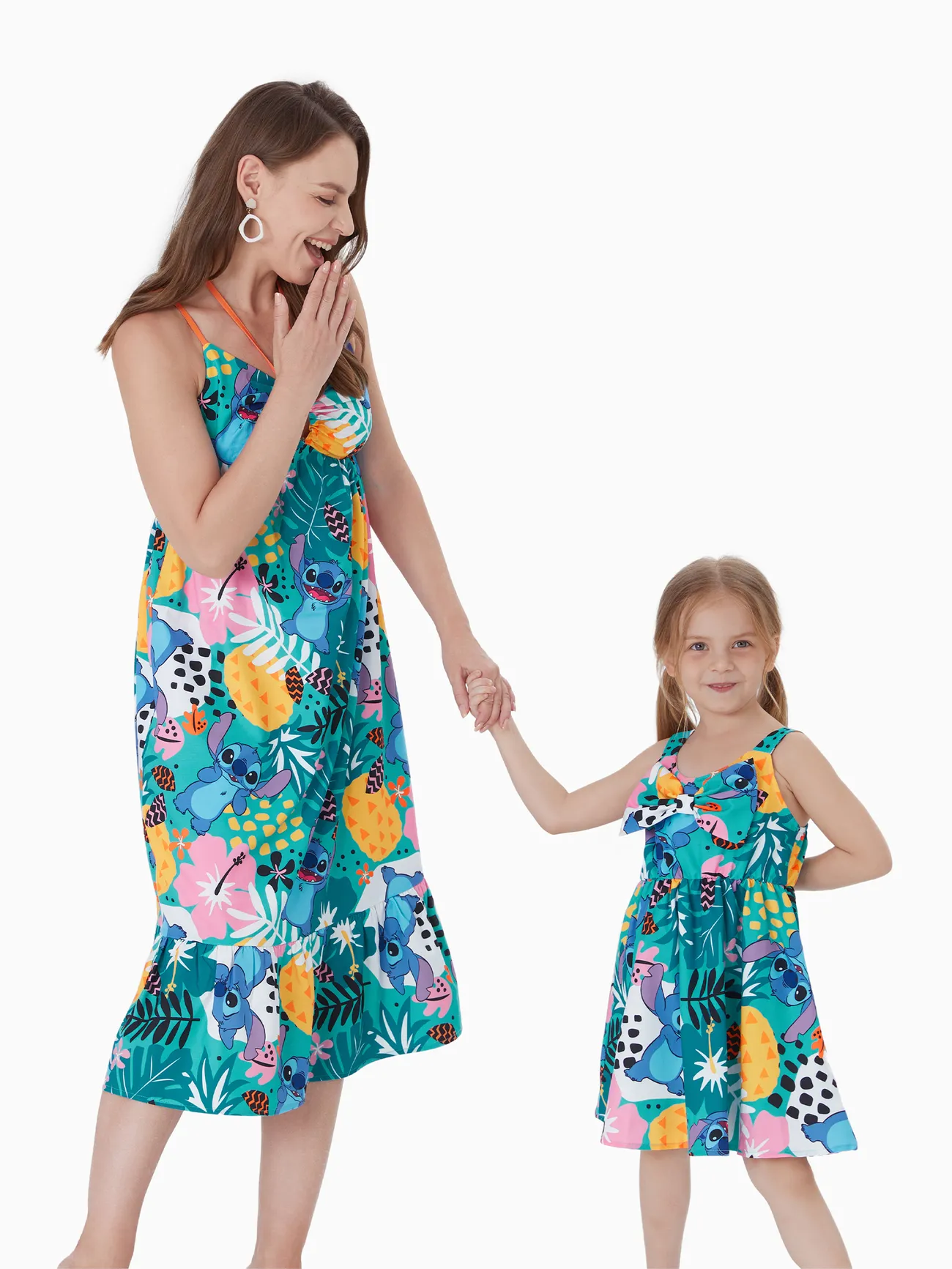 Girl - Disney Stitch Tee Shirts(Cotton)/ Dresses for Family - Tropical Flower and Plant Hawaii Style - Green - image 11