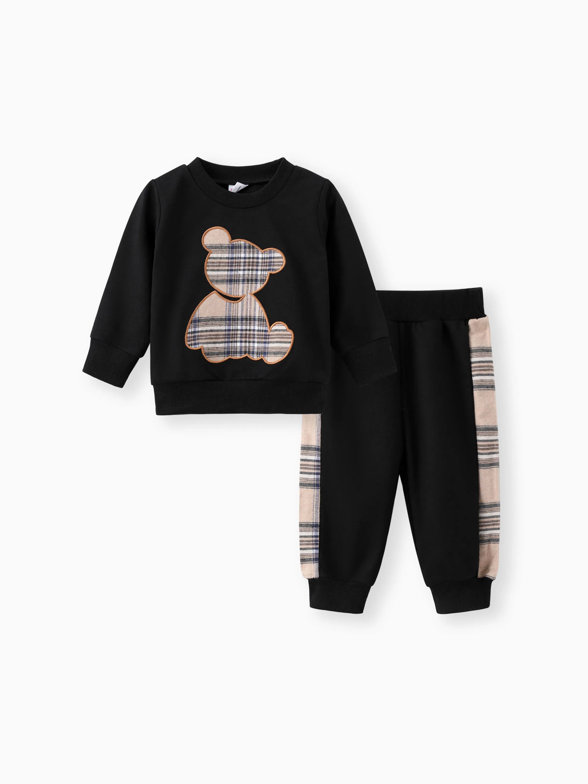 2件男嬰/女孩長袖格子印花熊刺繡衛衣和運動褲套裝