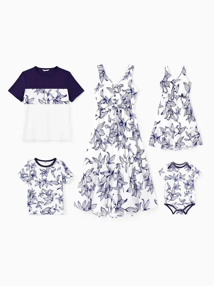 Family Matching Sets Floral Tee or V-Neck Faux Button Elastic Waist Sleeveless Dress